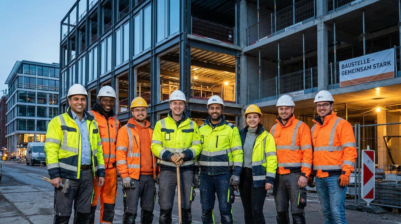 Team von Arbeitskräften mit Bauhelmen packt auf einer Baustelle mit an